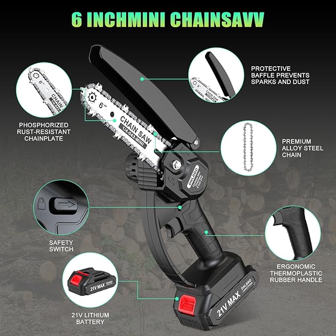 Mini Chainsaw Cordless, 6 inch Electric Chain Saw, Gardening Tool Saw for Wood/Tree Cutting, Garden & Household Use Stocking Stuffers Gift for Men Dad Husband(2 Batteries) Prime Home Tools