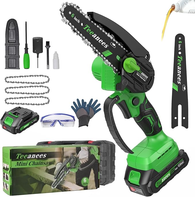 Mini Chainsaw Cordless 6 Inch, Electric Chainsaw Battery Powered with Auto Oiler, Security Lock for Wood Cutting, Tree Trimming, Garden & Household Use(1 Batterie) Yourfpv.net