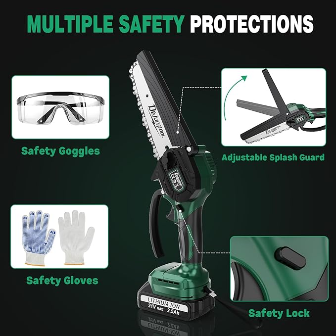 Mini Chainsaw Cordless Battery Powered, 6 Inch Small Electric Chainsaw Brushless, Handheld Pruning Chain Saw for Wood Tree Branches, 4 Chains, 2x 2500 mAh Battery, Garden Tools Christmas Gifts for Dad DEJUNPIOOL