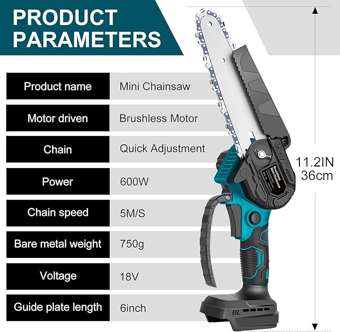 Mini Chainsaw for M-akita 18V Battery, 600 W Brushless Chainsaw Electric 6 Inches, Battery Chainsaws Hand Chainsaw for Garden Shears, Wood Cutting（No Battery） Edtran