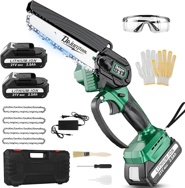 Mini Chainsaw Cordless Battery Powered, 6 Inch Small Electric Chainsaw Brushless, Handheld Pruning Chain Saw for Wood Tree Branches, 4 Chains, 2x 2500 mAh Battery, Garden Tools Christmas Gifts for Dad DEJUNPIOOL