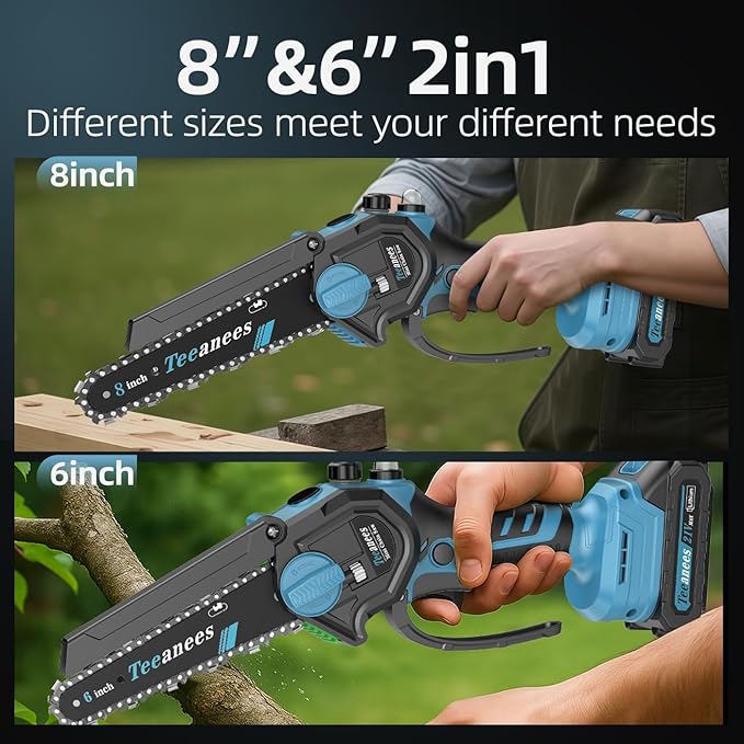 Mini Chainsaw Cordless, 8 Inch & 6 Inch Portable Electric Chain Saw with 2 Battery 8 Chains, Auto Oiler, Battery Powered Small Handheld Saw for Wood Cutting, Tree Trimming, Garden(Blue) Yourfpv.net