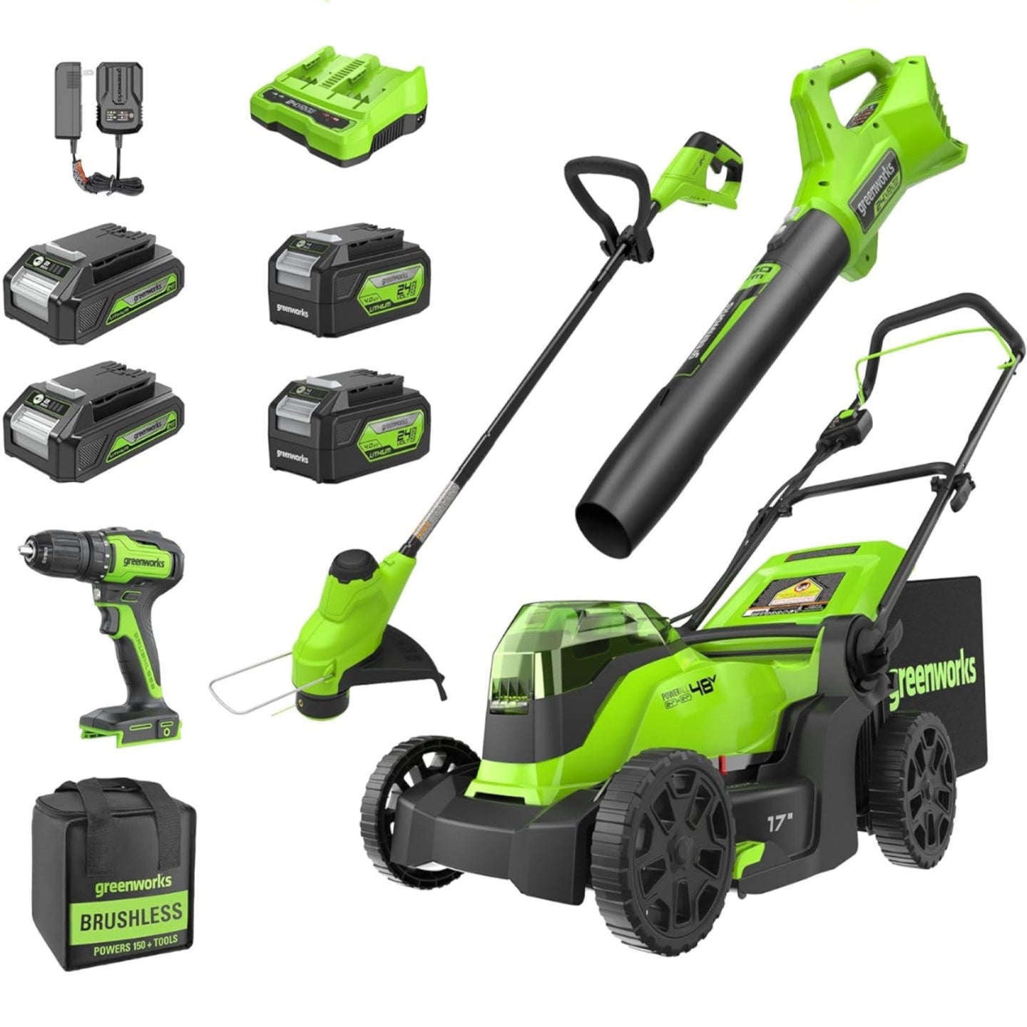 48V (24V x 2) 17" Lawn Mower 4-pc Combo Kit: (2) 4.0 Ah Batteries and (2) 2.0 Ah Batteries and 2A Dual-Port Charger greenworkstools