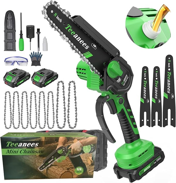 Mini Chainsaw Cordless, 8 Inch & 6 Inch Portable Electric Chain Saw with 2 Battery 8 Chains, Auto Oiler, Battery Powered Small Handheld Saw for Wood Cutting, Tree Trimming, Garden(Green) Yourfpv.net