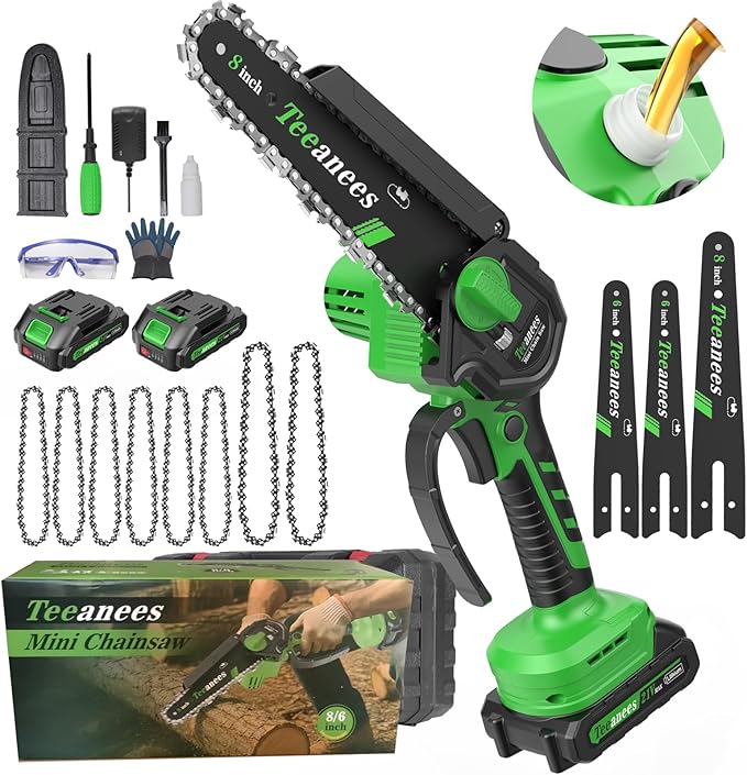 Mini Chainsaw Cordless, 8 Inch & 6 Inch Portable Electric Chain Saw with 2 Battery 8 Chains, Auto Oiler, Battery Powered Small Handheld Saw for Wood Cutting, Tree Trimming, Garden(Green) Yourfpv.net