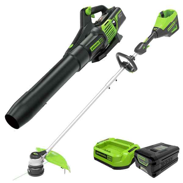 60V 16" Cordless Battery String Trimmer and 610 CFM Leaf Blower Combo Kit: 2.5 Ah Battery and Charger greenworkstools