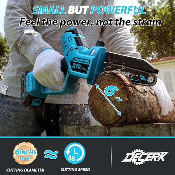 Mini Chainsaw Cordless - DECERK Brushless 6 Inch Electric Chain Saw, Portable Left Handheld Chainsaw Battery Powered for Tree, Branch, Wood, Best Gift Saw Tools for Household & Garden, Men Dad Husband DECERKPROTOOL