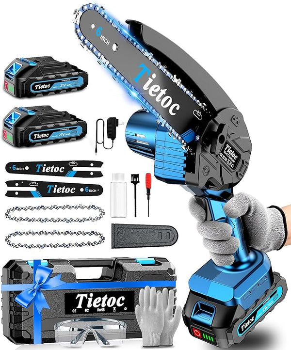 Tietoc Mini Chainsaw, 6 Inch Chain Saw Cordless, 880W Powerful Electric Handheld Chainsaw with Automatic Oiler, with 2 Batteries and 2 Chains, Tree Trimmer Gardening Tools Gift for Men, Father, Dad TIETOC