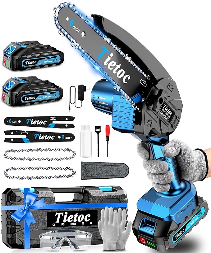 Tietoc Mini Chainsaw, 6 Inch Chain Saw Cordless, 880W Powerful Electric Handheld Chainsaw with Automatic Oiler, with 2 Batteries and 2 Chains, Tree Trimmer Gardening Tools Gift for Men, Father, Dad TIETOC