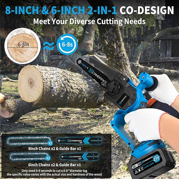 Cordless Mini Chainsaw, 8 inch & 6 inch Portable Handheld Chain Saw with 2 X 4.0Ah Battery, 4 Chains 4 Guide Plates, LED Indicate, Brushless Electric Chainsaw Using for Tree Trimming, Garden Pruning CANBRAKEfocusesonincreasingefficiencyforbeginnershomeimprovementandrepairanduserswholovepowertools