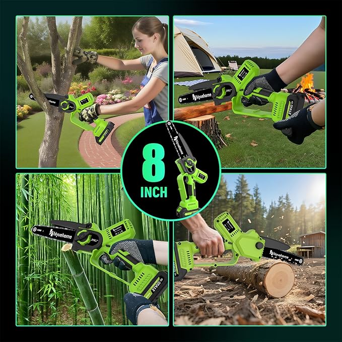 Mini Chainsaw 8inch, Chainsaw Cordless w Automatic Oiler, Handheld Electric Power Chain Saw w Security Lock, Brushless Motor,Chainsaws for Wood/Trees Trimming (Green - 2 batteries, 8 INCH) Yourfpv.net