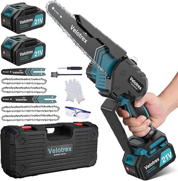 Professional Mini Chainsaw Cordless 8 inch + 6 inch, Electric Chainsaw Cordless with 2x4000mAh Batteries, Upgraded Brushless chainsaw with Auto Oiler for Tree Branch Wood Cutting Velotrex