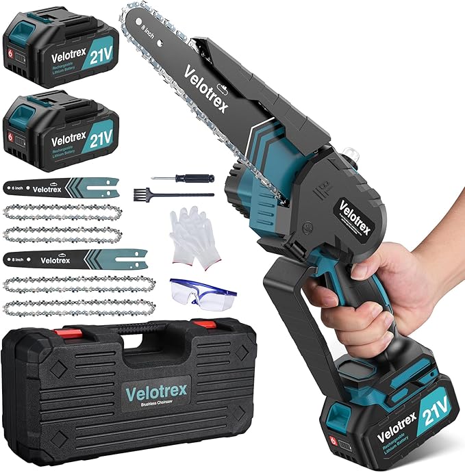 Professional Mini Chainsaw Cordless 8 inch + 6 inch, Electric Chainsaw Cordless with 2x4000mAh Batteries, Upgraded Brushless chainsaw with Auto Oiler for Tree Branch Wood Cutting Velotrex