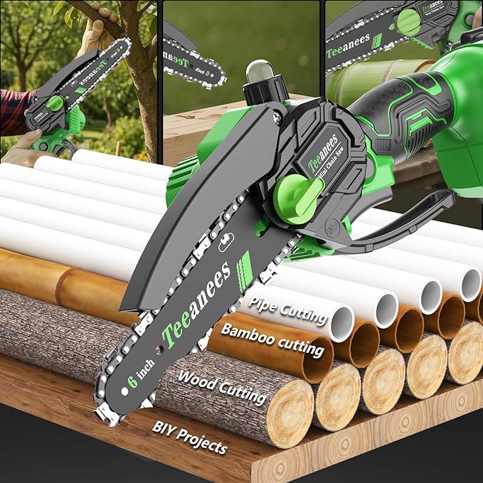 Mini Chainsaw Cordless 6 Inch, Electric Chainsaw Battery Powered with Auto Oiler, Security Lock for Wood Cutting, Tree Trimming, Garden & Household Use(1 Batterie) Yourfpv.net