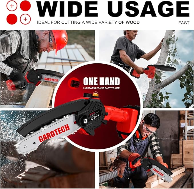 BEST Mini Chainsaw 6 Inch, Gardtech Cordless Portable Electric Chain Saw Handheld Electric Chainsaws with 2025 Upgraded 4 Chains 2 Batteries Good for Olders, DIYer, Gardeners Continuously 2 Hours Work GARDTECH