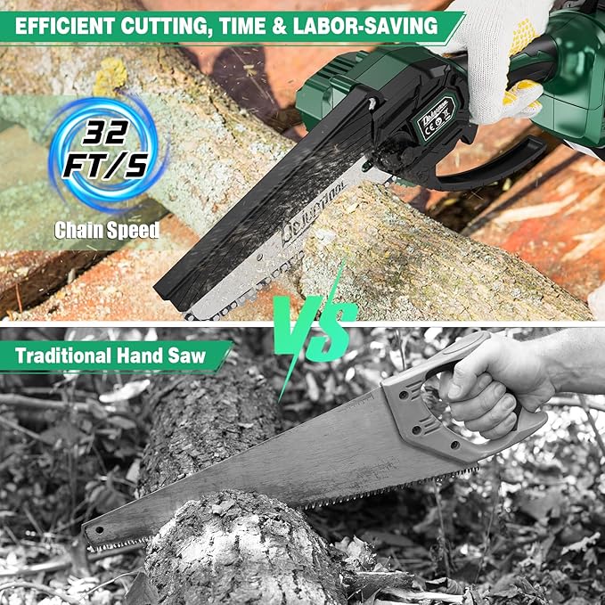 Mini Chainsaw Cordless Battery Powered, 6 Inch Small Electric Chainsaw Brushless, Handheld Pruning Chain Saw for Wood Tree Branches, 4 Chains, 2x 2500 mAh Battery, Garden Tools Christmas Gifts for Dad DEJUNPIOOL