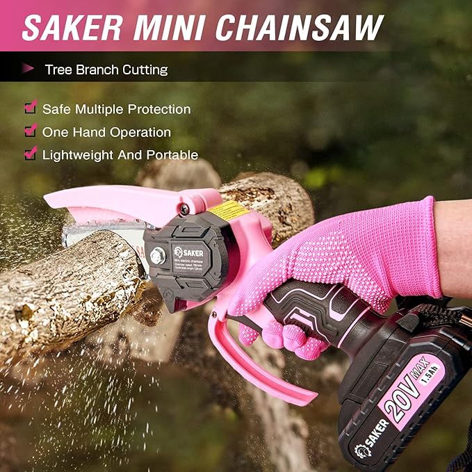 Saker Mini Chainsaw,Portable Electric Pink Mini Chainsaw Cordless,Handheld Chainsaw for Tree Branches,Courtyard, Household and Garden,By 2PCS 20V 1500mAh Batteries and 3 PCS Chains Saker