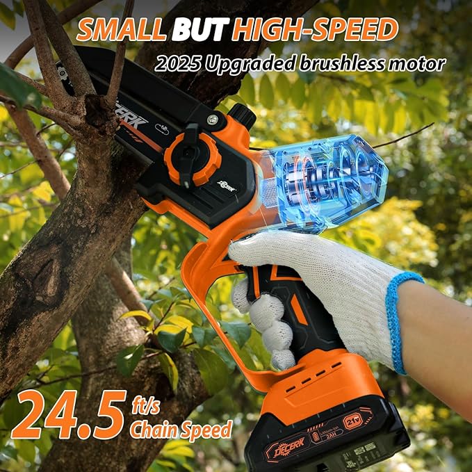 Mini Chainsaw Cordless - DECERK Brushless 6 Inch Electric Chain Saw, Portable Left Handheld Chainsaw Battery Powered for Tree, Branch, Wood, Best Gift Saw Tools for Household & Garden, Men Dad Husband DECERKPROTOOL