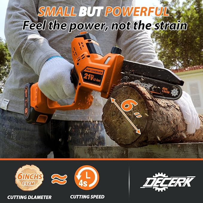 Mini Chainsaw Cordless - DECERK Brushless 6 Inch Electric Chain Saw, Portable Left Handheld Chainsaw Battery Powered for Tree, Branch, Wood, Best Gift Saw Tools for Household & Garden, Men Dad Husband DECERKPROTOOL