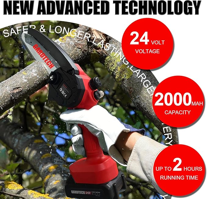 BEST Mini Chainsaw 6 Inch, Gardtech Cordless Portable Electric Chain Saw Handheld Electric Chainsaws with 2025 Upgraded 4 Chains 2 Batteries Good for Olders, DIYer, Gardeners Continuously 2 Hours Work GARDTECH