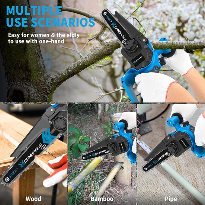 Cordless Mini Chainsaw, 8 inch & 6 inch Portable Handheld Chain Saw with 2 X 4.0Ah Battery, 4 Chains 4 Guide Plates, LED Indicate, Brushless Electric Chainsaw Using for Tree Trimming, Garden Pruning CANBRAKEfocusesonincreasingefficiencyforbeginnershomeimprovementandrepairanduserswholovepowertools
