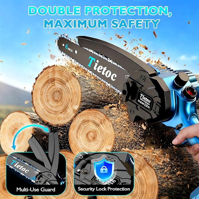 Tietoc Mini Chainsaw, 6 Inch Chain Saw Cordless, 880W Powerful Electric Handheld Chainsaw with Automatic Oiler, with 2 Batteries and 2 Chains, Tree Trimmer Gardening Tools Gift for Men, Father, Dad TIETOC