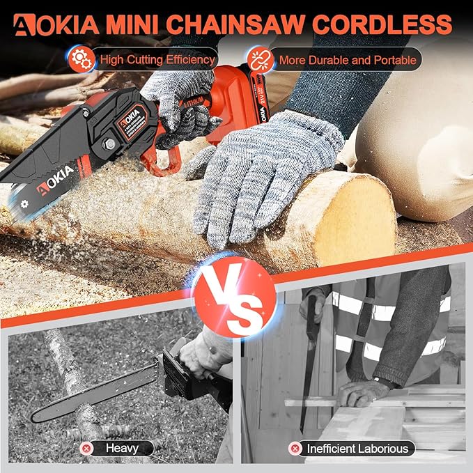 Mini Chainsaw, 4 inch Mini Chainsaw Cordless, Small Hand held Electric Power Chain Saw Battery Powered Operated, Household and Garden for Tree Trimming Wood Cutting, Gifts for Father Husband Men AOKIALLC