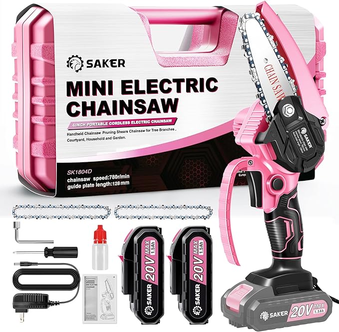 Saker Mini Chainsaw,Portable Electric Pink Mini Chainsaw Cordless,Handheld Chainsaw for Tree Branches,Courtyard, Household and Garden,By 2PCS 20V 1500mAh Batteries and 3 PCS Chains Saker