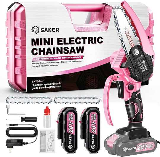 Saker Mini Chainsaw,Portable Electric Pink Mini Chainsaw Cordless,Handheld Chainsaw for Tree Branches,Courtyard, Household and Garden,By 2PCS 20V 1500mAh Batteries and 3 PCS Chains Saker