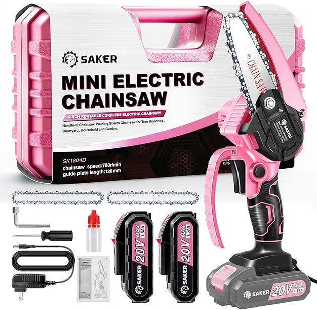 Saker Mini Chainsaw,Portable Electric Pink Mini Chainsaw Cordless,Handheld Chainsaw for Tree Branches,Courtyard, Household and Garden,By 2PCS 20V 1500mAh Batteries and 3 PCS Chains Saker