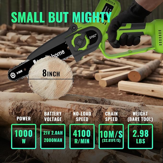Mini Chainsaw 8inch, Chainsaw Cordless w Automatic Oiler, Handheld Electric Power Chain Saw w Security Lock, Brushless Motor,Chainsaws for Wood/Trees Trimming (Green - 2 batteries, 8 INCH) Yourfpv.net