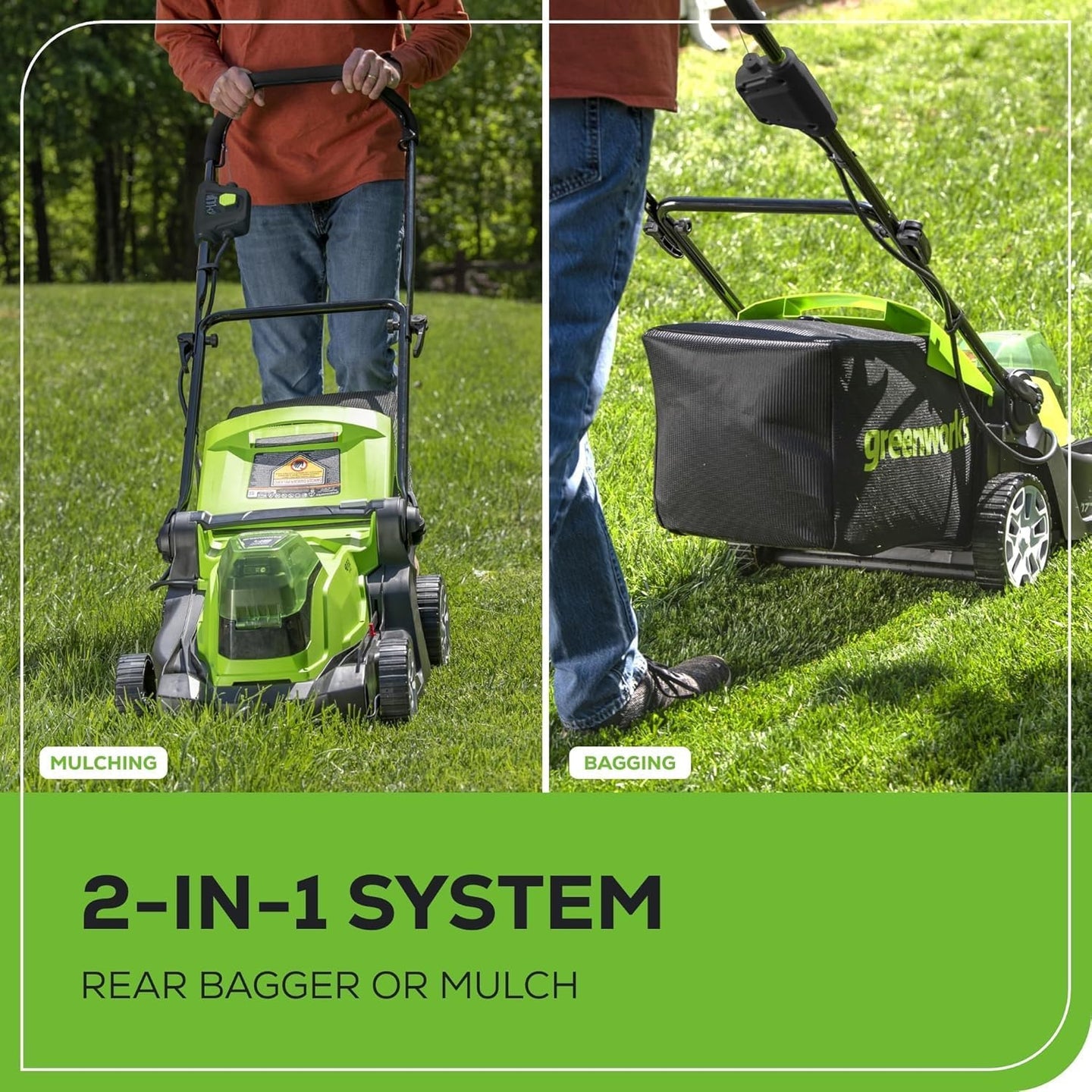 48V (24V x 2) 17" Lawn Mower 4-pc Combo Kit: (2) 4.0 Ah Batteries and (2) 2.0 Ah Batteries and 2A Dual-Port Charger greenworkstools