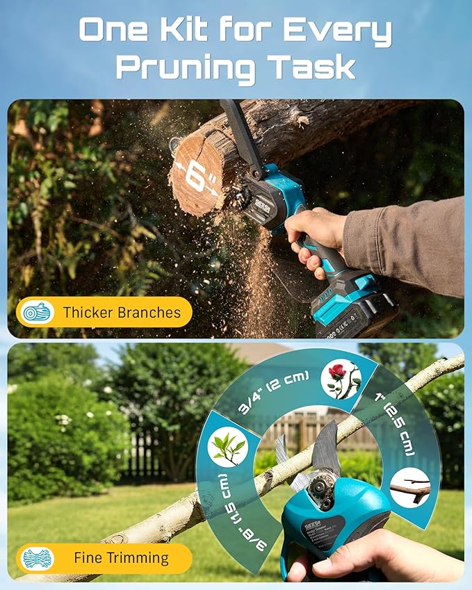 SEESII Mini Chainsaw & Electric Pruning Shears Combo, 6-inch Brushless Handheld Power Chain Saw, 1.2??Cutting Cordless Pruner for Tree Trimming, Tools Kit with 2x2000mAh Batteries, Fast Charger Seesii