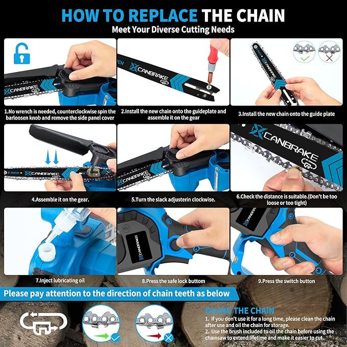 Cordless Mini Chainsaw, 8 inch & 6 inch Portable Handheld Chain Saw with 2 X 4.0Ah Battery, 4 Chains 4 Guide Plates, LED Indicate, Brushless Electric Chainsaw Using for Tree Trimming, Garden Pruning CANBRAKEfocusesonincreasingefficiencyforbeginnershomeimprovementandrepairanduserswholovepowertools