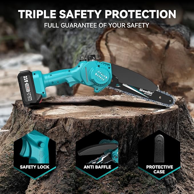 Seesii Mini Chainsaw 8-inch, Mini Chainsaw Cordless Tool Set, Battery Chainsaw with 2x 4.0Ah Batteries, Handheld Electric Power Chain Saw with Oiler, Safety Lock for Tree Trimming,Wood Cutting Seesii