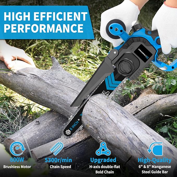 Cordless Mini Chainsaw, 8 inch & 6 inch Portable Handheld Chain Saw with 2 X 4.0Ah Battery, 4 Chains 4 Guide Plates, LED Indicate, Brushless Electric Chainsaw Using for Tree Trimming, Garden Pruning CANBRAKEfocusesonincreasingefficiencyforbeginnershomeimprovementandrepairanduserswholovepowertools