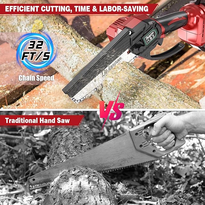 Mini Electric Chainsaw Cordless Brushless, 6 Inch Small Chainsaw Battery Powered, Handheld Chain Saw for Wood Tree Branches Pruning, 4 Chains, 2x 2500 mAh Battery, Garden Tools Christmas Gifts for Dad DEJUNPIOOL