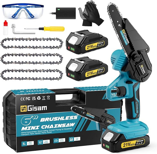 Mini Chainsaw Cordless 6 Inch, Brushless Motor Electric Saw - 2x2Ah Batteries, 2025 Upgraded, Safety Lock, Portable Handheld for Tree Trimming, Wood Cutting, Camping/DIY, Gift for Dad Husband Yourfpv.net