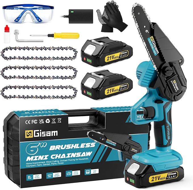 Mini Chainsaw Cordless 6 Inch, Brushless Motor Electric Saw - 2x2Ah Batteries, 2025 Upgraded, Safety Lock, Portable Handheld for Tree Trimming, Wood Cutting, Camping/DIY, Gift for Dad Husband Yourfpv.net