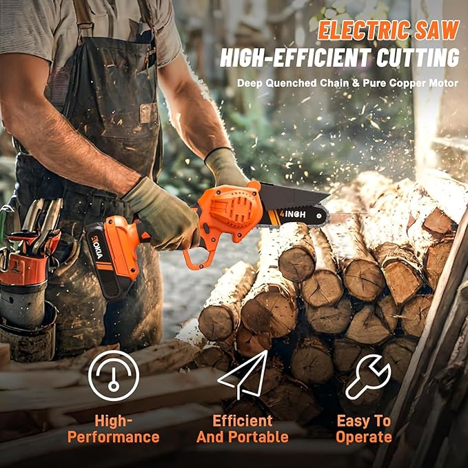 Mini Chainsaw, 4 inch Mini Chainsaw Cordless, Small Hand held Electric Power Chain Saw Battery Powered Operated, Household and Garden for Tree Trimming Wood Cutting, Gifts for Father Husband Men AOKIALLC