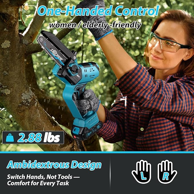 Mini Chainsaw Cordless - DECERK Brushless 6 Inch Electric Chain Saw, Portable Left Handheld Chainsaw Battery Powered for Tree, Branch, Wood, Best Gift Saw Tools for Household & Garden, Men Dad Husband DECERKPROTOOL