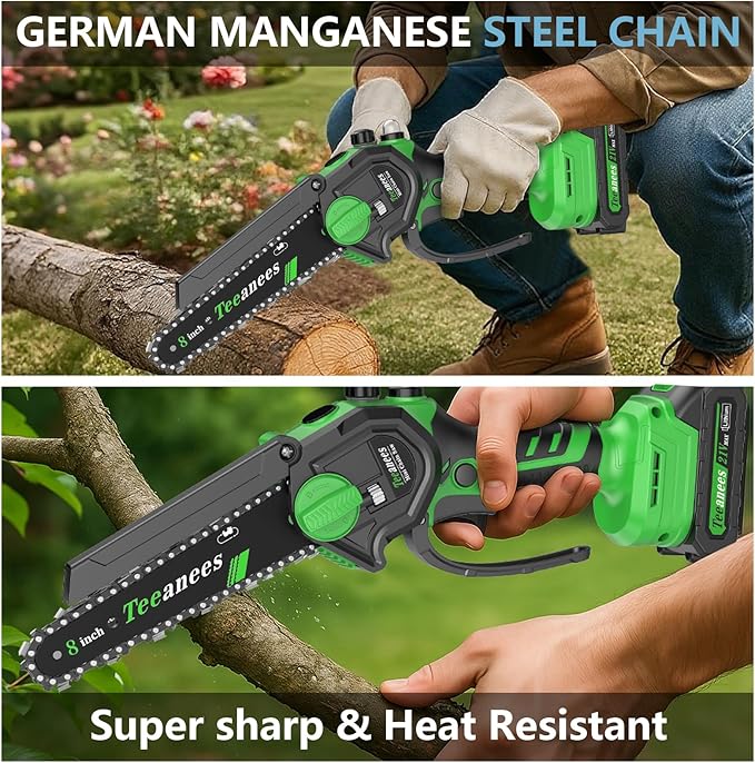 Mini Chainsaw Cordless, 8 Inch & 6 Inch Portable Electric Chain Saw with 2 Battery 8 Chains, Auto Oiler, Battery Powered Small Handheld Saw for Wood Cutting, Tree Trimming, Garden(Green) Yourfpv.net