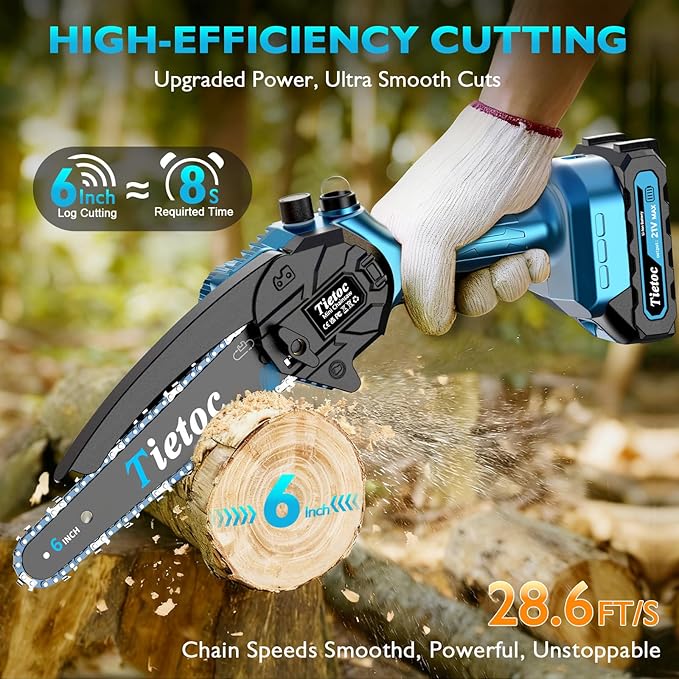 Tietoc Mini Chainsaw, 6 Inch Chain Saw Cordless, 880W Powerful Electric Handheld Chainsaw with Automatic Oiler, with 2 Batteries and 2 Chains, Tree Trimmer Gardening Tools Gift for Men, Father, Dad TIETOC