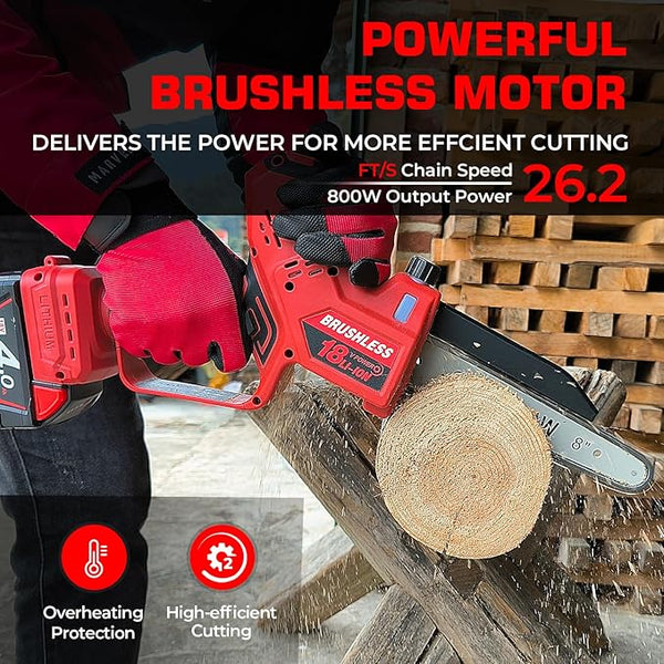 Mini Chainsaw for Milwaukee M18 Battery, Auto-Oiler, 8-Inch and 6-Inch 2-IN-1 Brushless Cordless Pruning Chainsaw, Battery Powered Mini Chainsaw for Wood Cutting, Tree Trimming (only tool) BITOON