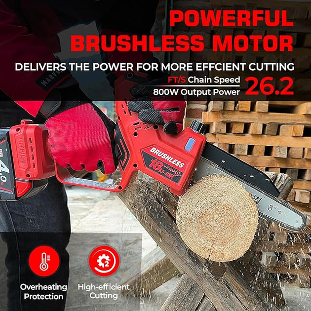 Mini Chainsaw for Milwaukee M18 Battery, Auto-Oiler, 8-Inch and 6-Inch 2-IN-1 Brushless Cordless Pruning Chainsaw, Battery Powered Mini Chainsaw for Wood Cutting, Tree Trimming (only tool) BITOON