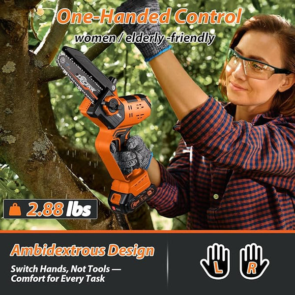 Mini Chainsaw Cordless - DECERK Brushless 6 Inch Electric Chain Saw, Portable Left Handheld Chainsaw Battery Powered for Tree, Branch, Wood, Best Gift Saw Tools for Household & Garden, Men Dad Husband DECERKPROTOOL