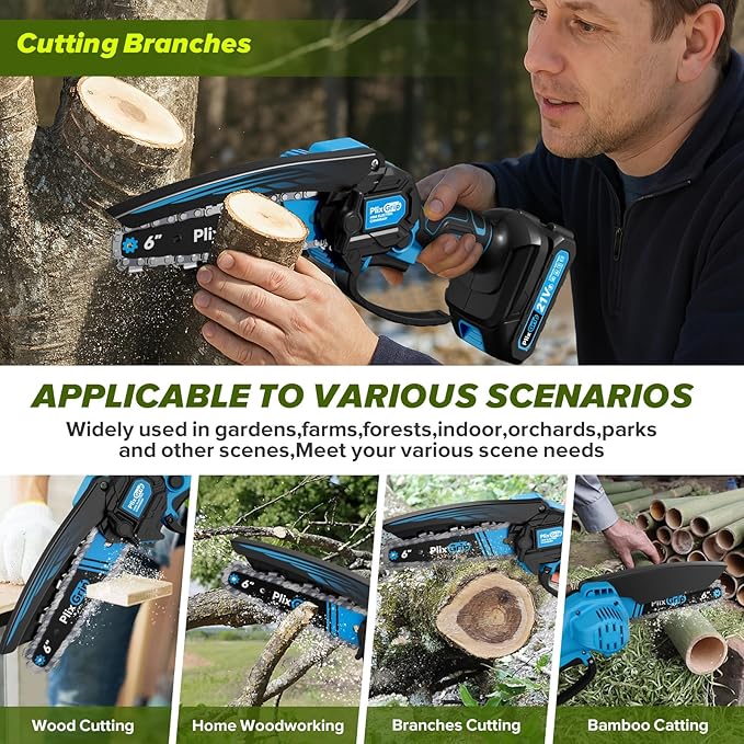 Mini Chainsaw, 6 Inch Mini Chainsaw cordless,21V with 2 Battery Powered Portable Handheld Small Chain Saw Use for Wood Cutting, Tree Trimming Handheld Saw, Home and Garden Tool (Bluce) Minichainsaw