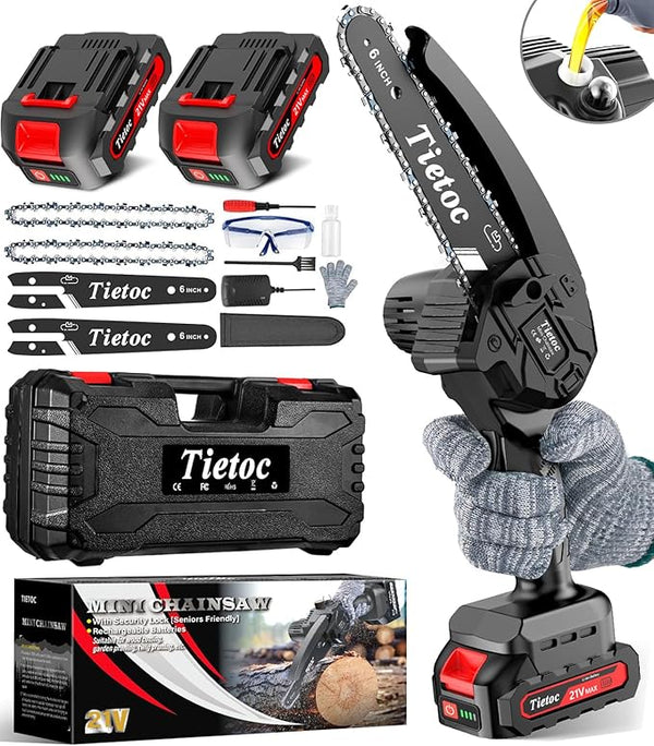 Tietoc Mini Chainsaw 6 Inch Cordless, Portable Electric Chain Saw Small Handheld Battery Powered Super Saws, Gifts for Men Women, Birthday Gift for Dad Fathers Husband Him Her Mom Mothers Grandparent TIETOC