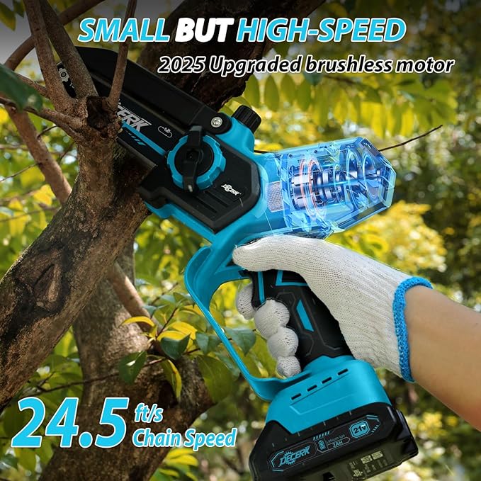 Mini Chainsaw Cordless - DECERK Brushless 6 Inch Electric Chain Saw, Portable Left Handheld Chainsaw Battery Powered for Tree, Branch, Wood, Best Gift Saw Tools for Household & Garden, Men Dad Husband DECERKPROTOOL