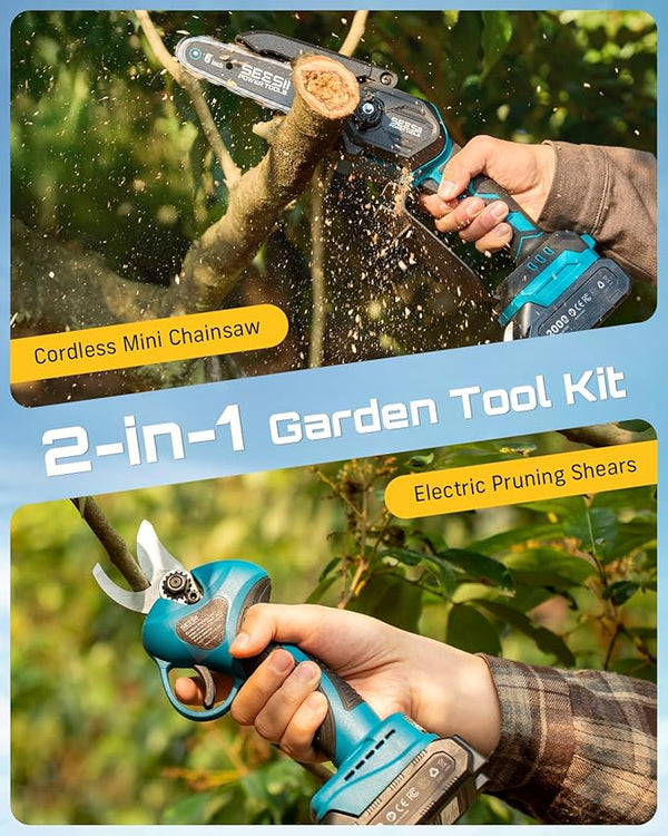 SEESII Mini Chainsaw & Electric Pruning Shears Combo, 6-inch Brushless Handheld Power Chain Saw, 1.2??Cutting Cordless Pruner for Tree Trimming, Tools Kit with 2x2000mAh Batteries, Fast Charger Seesii